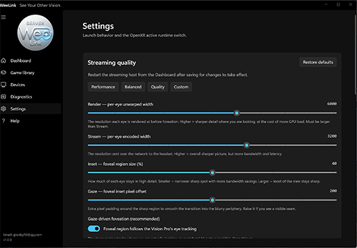 WeeLink server streaming quality settings with render width and foveal inset controls.