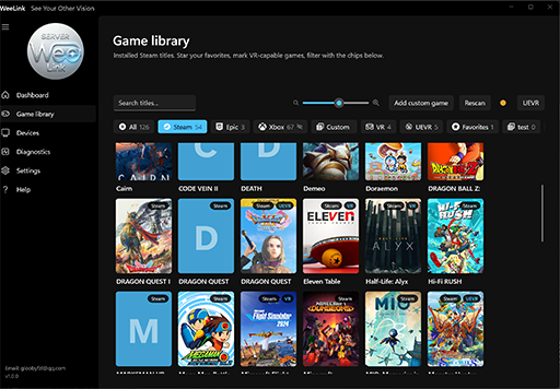 WeeLink server game library with scanned game covers and filters.