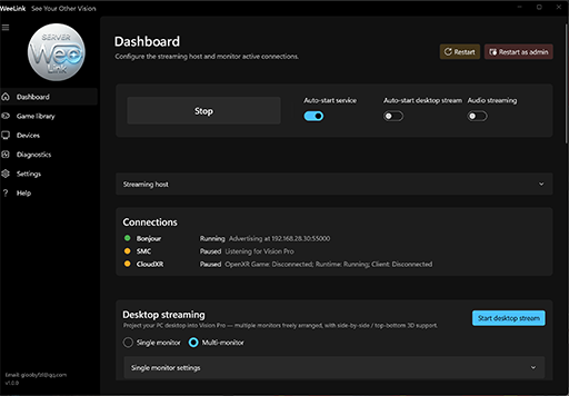 WeeLink server dashboard with service and desktop streaming controls.